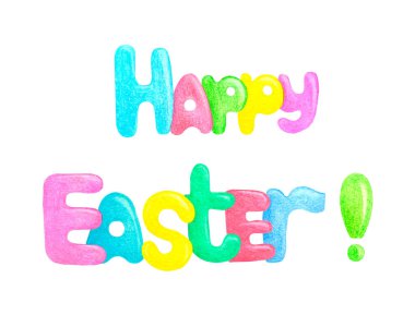 Mutlu Paskalya mektupları. Renkli harflerle yazılmış bir yazı. Beyaz arkaplanda suluboya izole edilmiş. Paskalya selamları. 