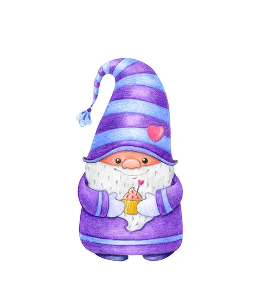 Funny Scandinavian Gnome Purple Suit Holds Cake His Hands Watercolor — Stock Photo, Image