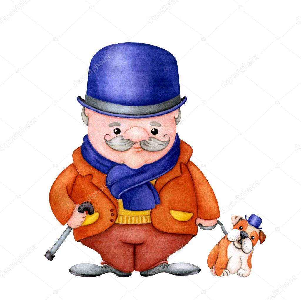 An Englishman with a bulldog. An elderly, mustachioed gentleman in a jacket, bowler hat, and scarf with a dog and a walking stick. Cartoon style. Watercolor illustration isolated on a white background