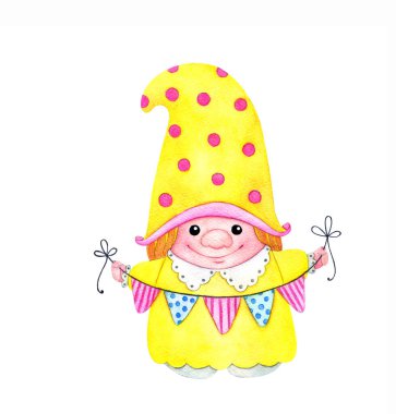 Elinde bayraktan bir çelenk olan sarı elbiseli cüce kız. Beyaz arkaplanda çizgi film tarzında suluboya çizimi.