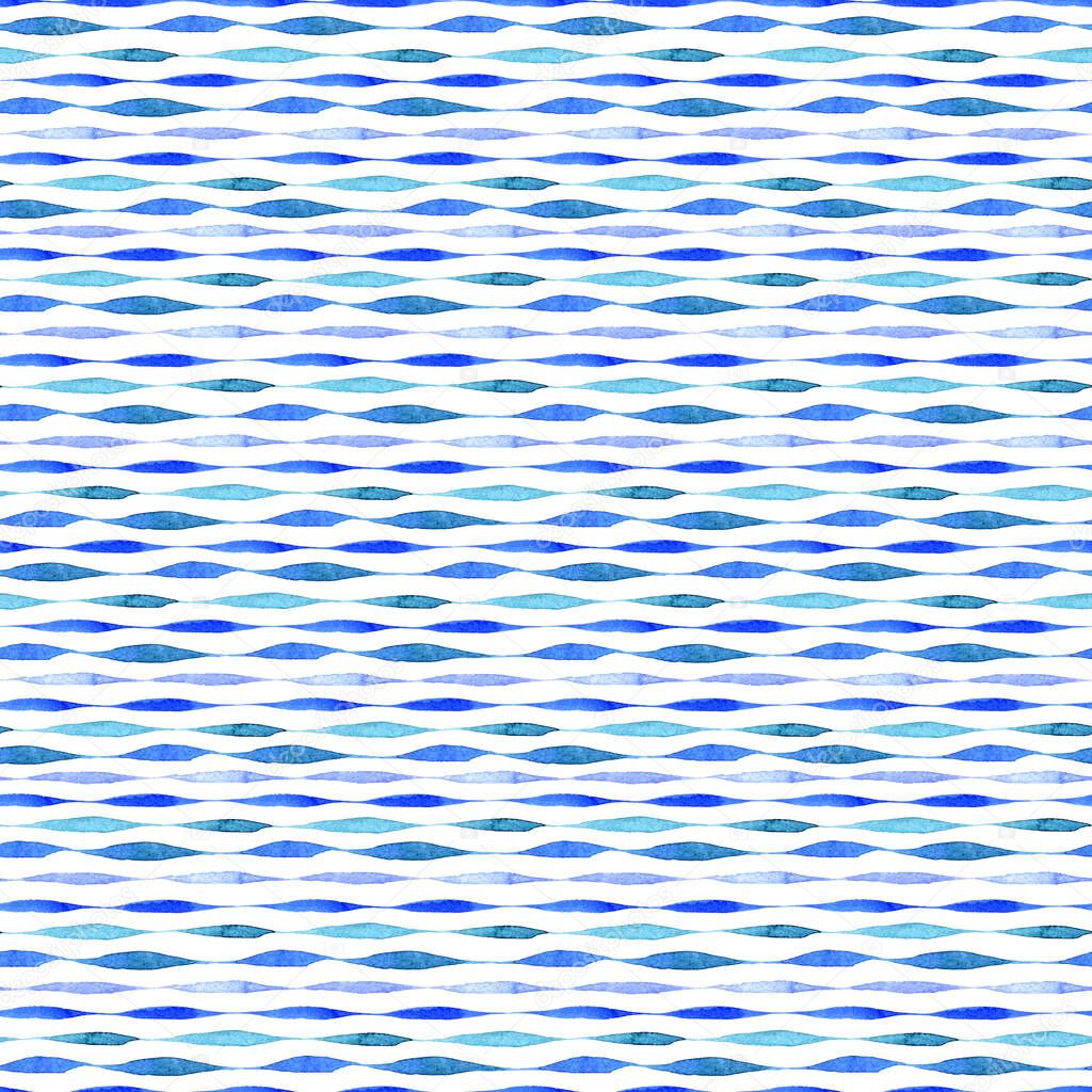Seamless pattern of horizontal lines of different thicknesses on a white background. A line of fusiform strokes. Watercolor lines in different shades of blue.