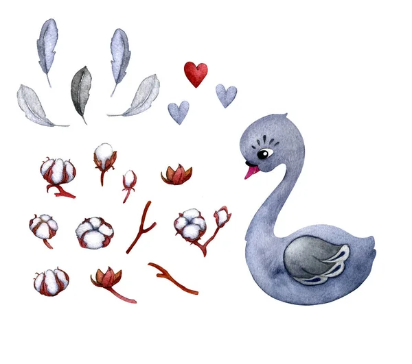 Watercolor set with cute black swan, feathers, cotton flowers and heart. Isolated elements on a white background for design and decoration.