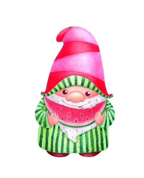 Lustige Skandinavische Gnom Frisst Eine Scheibe Wassermelone Cartoon Stil Aquarell — Stockfoto