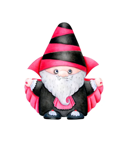 Gnome Escandinavo Bonito Traje Vampiro Halloween Ilustração Aquarela Desenhada Mão — Fotografia de Stock