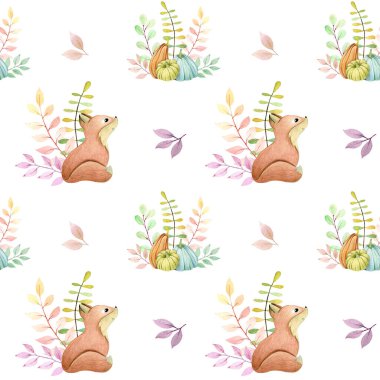 Tilki, balkabağı, çalılık ve yapraklarla kusursuz desen. Beyaz arkaplanda sonbahar suluboya çizimi.