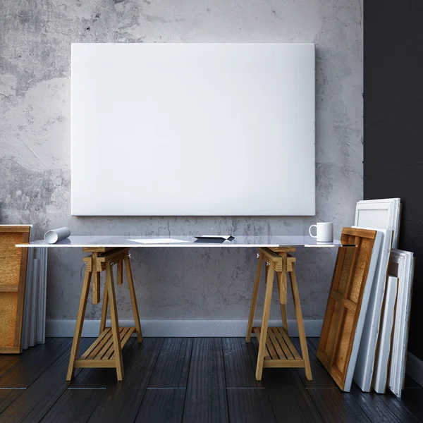 Interior with desk and blank poster — Stock Photo, Image