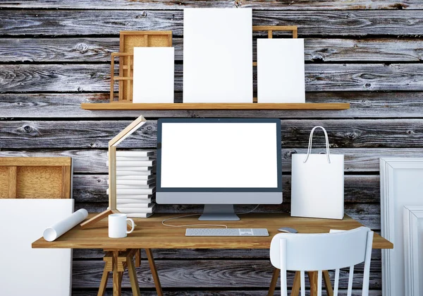 Mockup work desk with PC — Stock Photo, Image