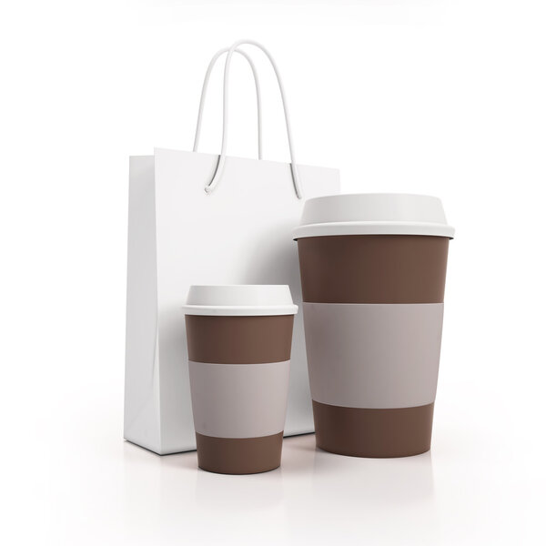 Cardboard cups of coffee with paper bag