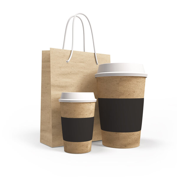 Cardboard cups of coffee with paper bag