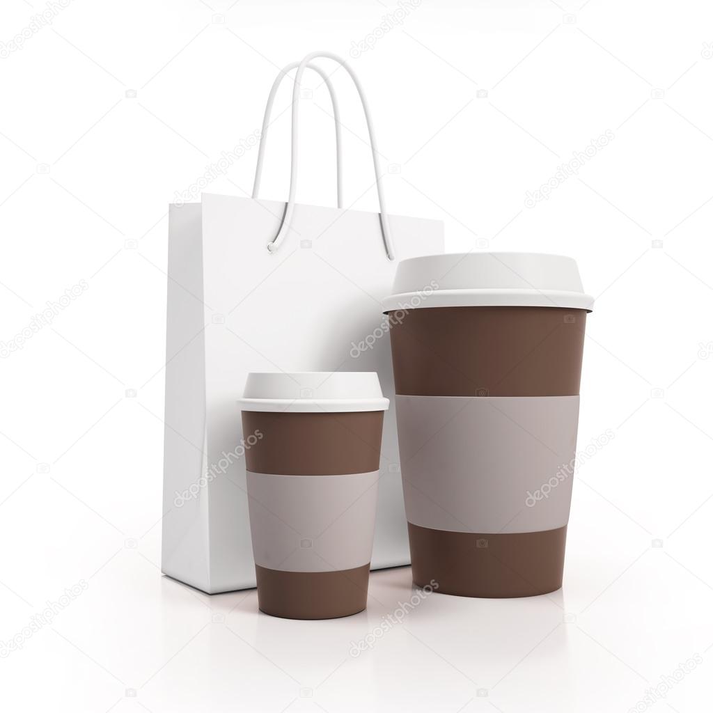 Cardboard cups of coffee with paper bag