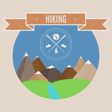 dağ manzarası. Vektör çizim. Dağ doruklarına yürüyüş amblemi ile.