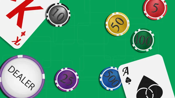 Hrací karty a poker žetony. Zelený baiz gaming tabulka — Stockový vektor