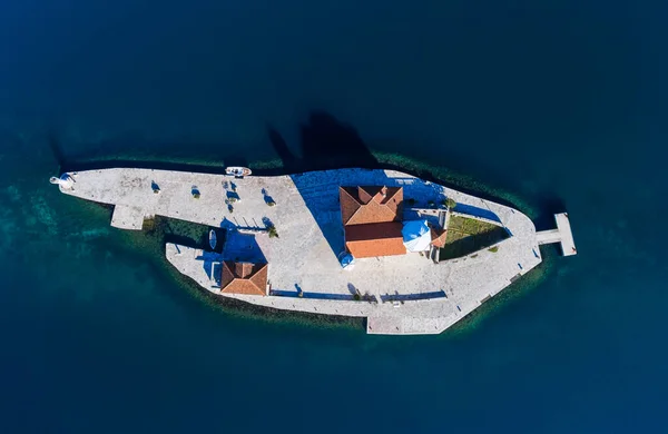 Top view of Our Lady of the Rocks island. Artificial island in Bay of Kotor, Montenegro.