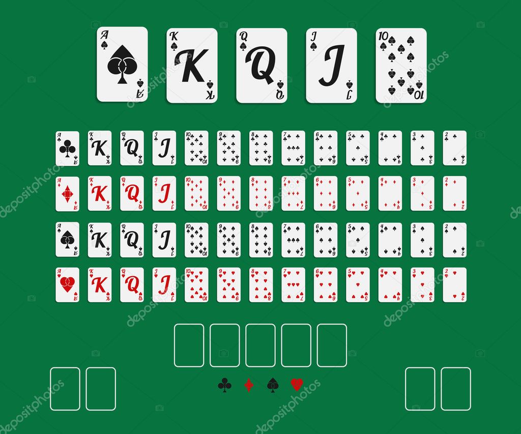 Vector illustration. Set 52 playing cards with creative suits on green background.