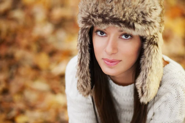 Beautiful young woman with brown fur hat Stock Photo