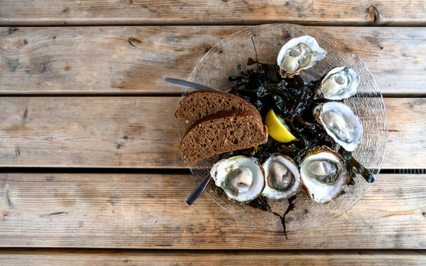 Half dozijn van verse oesters in een plaat op een houten tafel Rechtenvrije Stockafbeeldingen