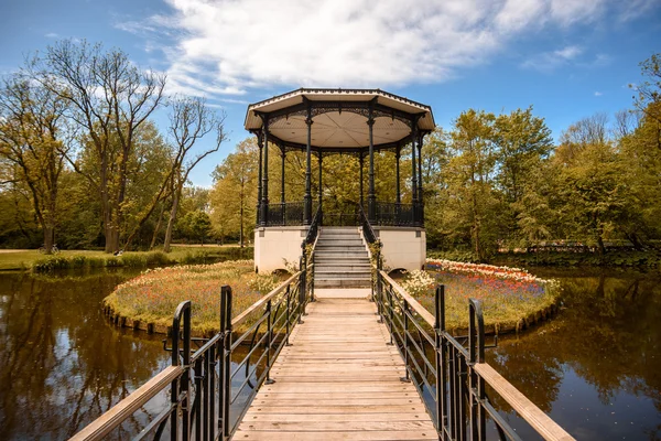 Een paviljoen met een footbrifge in het midden van het meer met een meer Stockafbeelding