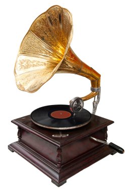 Vintage gramofon, beyaz üzerine izole edilmiş. Kırpma yolu dahil.