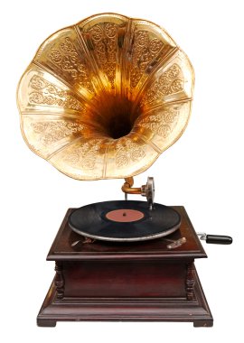 Vintage gramofon, beyaz üzerine izole edilmiş. Kırpma yolu dahil.