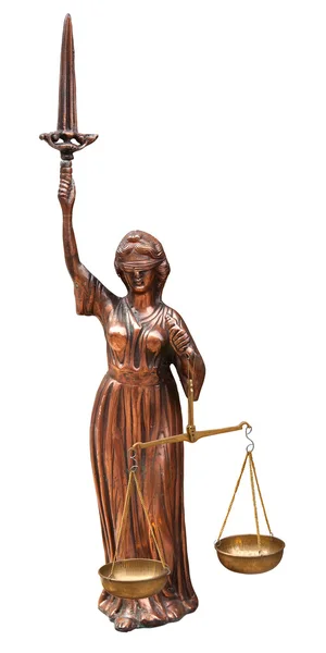 Antieke Justitie Standbeeld Geïsoleerd Wit Uitknippad Opgenomen — Stockfoto