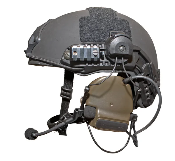 Moderne Spezialeinheiten Helm Mit Kopfhörern Und Mikrofon Isoliert Auf Weiß — Stockfoto