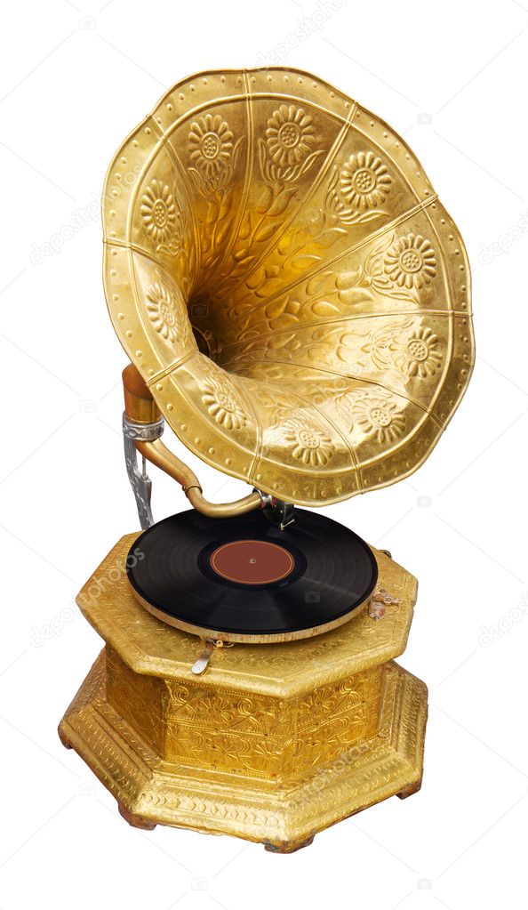 Golden gramophone isolated on white. Clipping path included.
