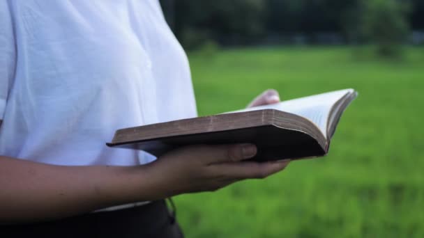 Close Jonge Vrouw Die Bijbel Leest Het Woord Van God — Stockvideo
