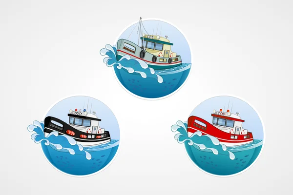 Ensemble d'éléments vectoriels. Pêche à la vitesse mobile, bateau de sauvetage et de police. Mer profonde avec vague. Icônes rondes pour les applications ou les jeux. Modèle de logo. Illustration dessinée à la main . — Image vectorielle