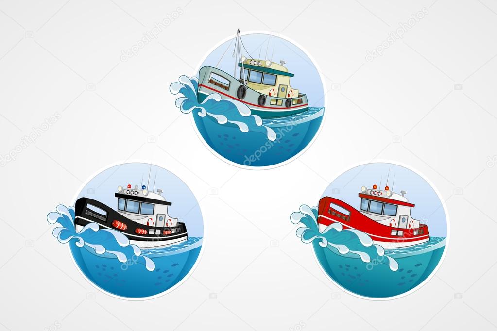 set of vector elements. Moving speed fishing, rescue and police boat. Deep sea with wave. Round computer icons for applications or games. Logo template. Handdrawn Illustration.