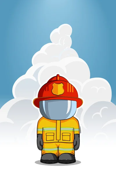 Ilustración dibujada a mano vectorial. Bombero de carácter aislado en puestos de traje protector. Humo sobre fondo azul . — Vector de stock