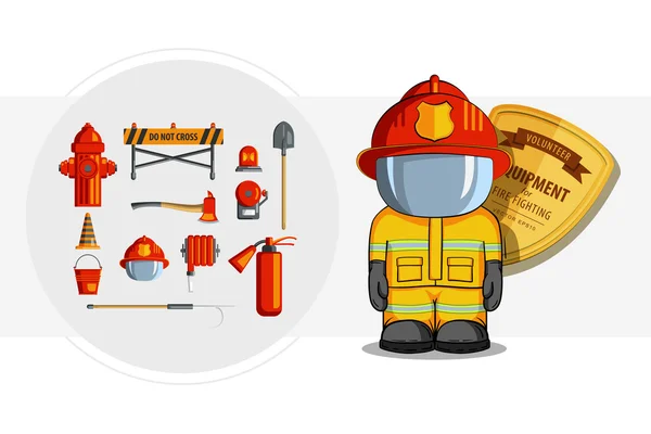 Conjunto de ícones coloridos vintage flat. ilustração para infográfico. Equipamento de bombeiro e emblema voluntário . — Vetor de Stock