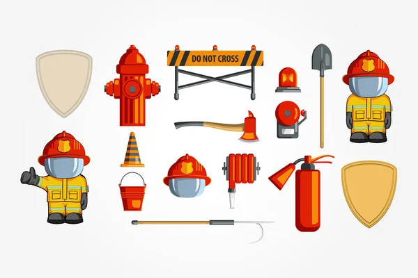 Vector Colorido vintage conjunto de iconos planos. ilustración para infografía. Equipo de bomberos y emblema de voluntario . — Vector de stock