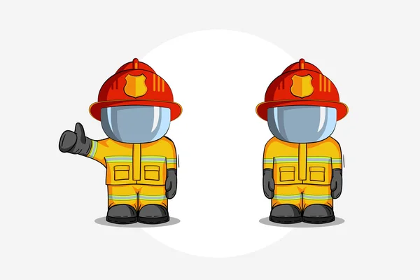 Illustrazione disegnata a mano vettoriale. Due Isolato personaggio vigile del fuoco in tuta protettiva stand e alza il dito verso l'alto. Fumo su sfondo blu . — Vettoriale Stock