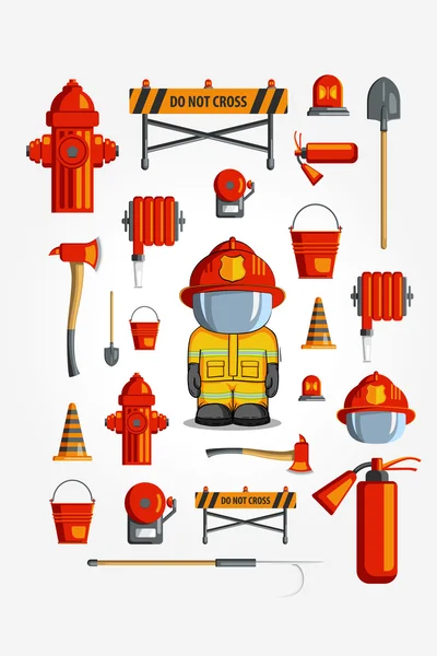 Conjunto de ícones coloridos vintage flat. ilustração para infográfico. Equipamento de bombeiro e emblema voluntário . — Vetor de Stock