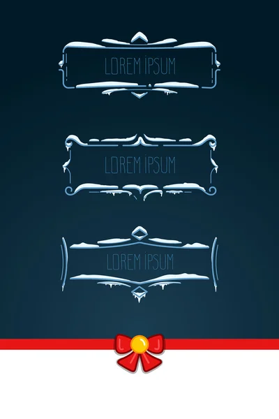 Elementos decorativos vectoriales vintage en estilo invierno. Conjunto de marcos dibujados a mano con nieve, carámbanos en plano. Insignias para tarjetas, felicitaciones . — Vector de stock