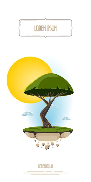 Vetor árvore ilustração abstrata, voando ilha terra no céu de fundo e sol. Modelo para logotipo, banner . —  Vetores de Stock