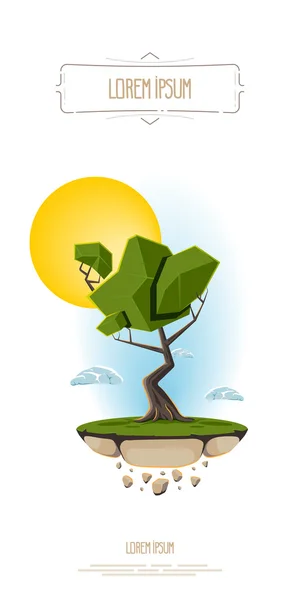 Vektorový abstraktní ilustrace stromu, létající ostrovní půda na pozadí nebe a slunce. Šablona pro logo, nápis. — Stockový vektor
