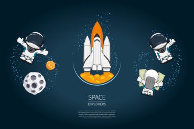 Uzay Mekiği Fırlatma, astronot, gezegen ile Modern tasarım vektör illüstrasyon seti. evren keşif ve yeni teknoloji. Poster için şablon.