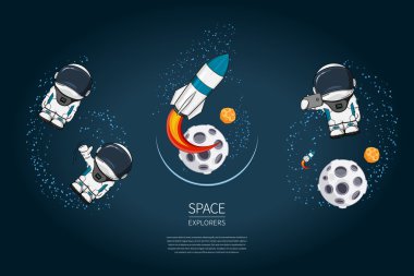 Roket Fırlatma, astronot, gezegen ile Modern tasarım vektör illüstrasyon seti. evren keşif ve yeni teknoloji. Poster için şablon.