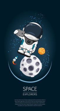 Uzayda astronot ile modern tasarım vektör illüstrasyon. evren keşif ve yeni teknoloji. Poster için şablon.