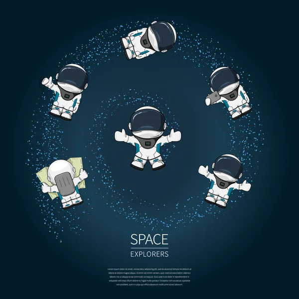 Set di astronauta dei cartoni animati disegnati a mano in tuta spaziale. Illustrazione vettoriale cosmica line art . — Foto Stock