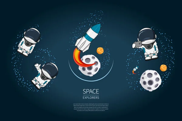 一套现代设计矢量插图与火箭发射，宇航员，行星。宇宙探索和新技术。海报模板. — 图库照片