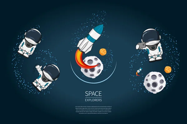 Roket Fırlatma, astronot, gezegen ile Modern tasarım vektör illüstrasyon seti. evren keşif ve yeni teknoloji. Poster için şablon.