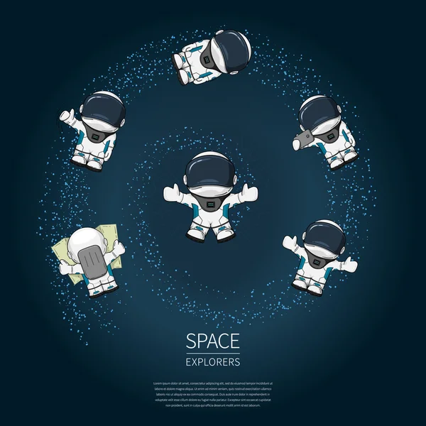 Elle çizilmiş karikatür astronot uzay giysisi içinde kümesi. Hat sanatı kozmik vektör çizim.