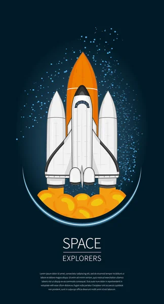 Illustrazione vettoriale di design moderno con lancio dello Space Shuttle. esplorazione dell'universo e nuove tecnologie. Modello per poster . — Vettoriale Stock