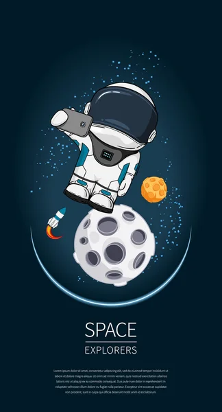 Uzayda astronot ile modern tasarım vektör illüstrasyon. evren keşif ve yeni teknoloji. Poster için şablon.