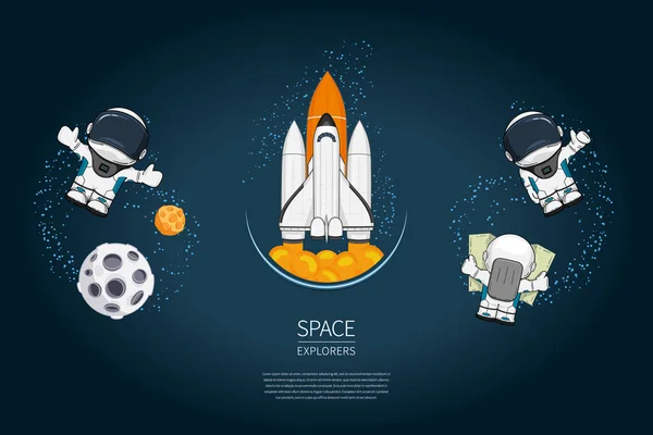 スペースシャトル打ち上げ、宇宙飛行士、惑星とモダンデザインベクトルイラストのセット。宇宙探査と新技術。ポスター用テンプレート. — ストックベクタ