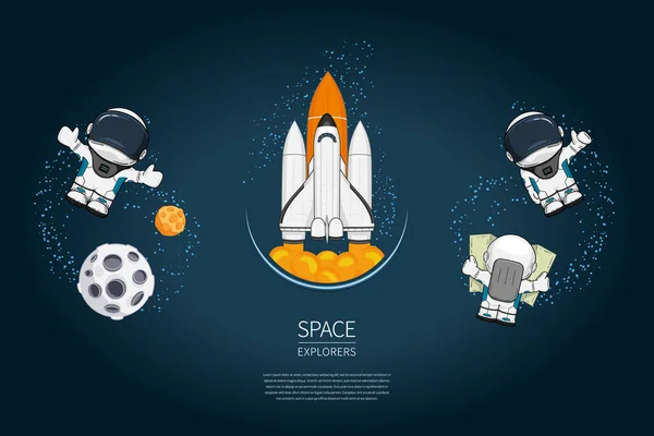 Uzay Mekiği Fırlatma, astronot, gezegen ile Modern tasarım vektör illüstrasyon seti. evren keşif ve yeni teknoloji. Poster için şablon.