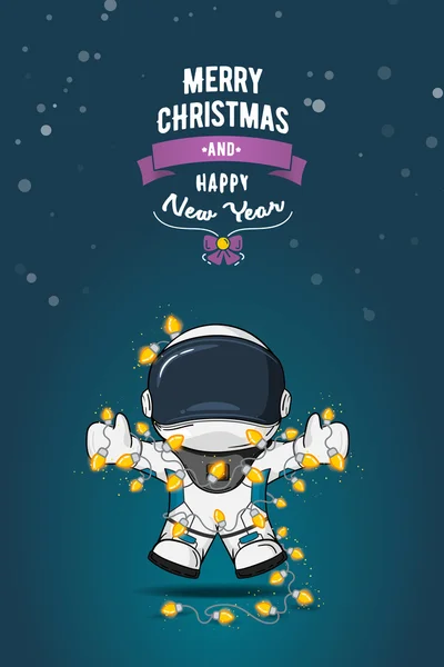 El düz vektör çizim çekilmiş. Çizgi film astronot uzay giysisi ile Noel ışıkları çelenk içinde. Tebrik kartı.