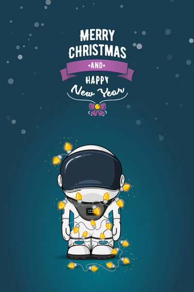 El düz vektör çizim çekilmiş. Çizgi film astronot uzay giysisi ile Noel ışıkları çelenk içinde. Tebrik kartı.